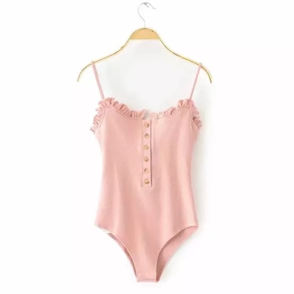 The Cutest Pink Ribbed Button Ruffled Bodysuit - Picture 1 of 6